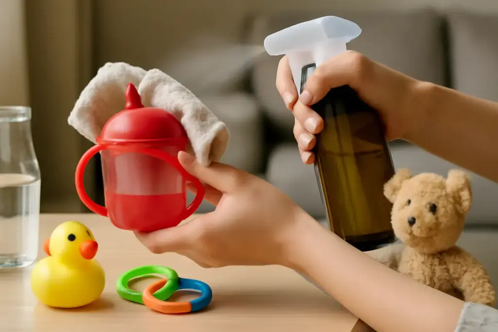 Spray naturale per la pulizia degli oggetti d’uso quotidiano dei bimbi: la ricetta semplice che protegge la pelle da residui aggressivi